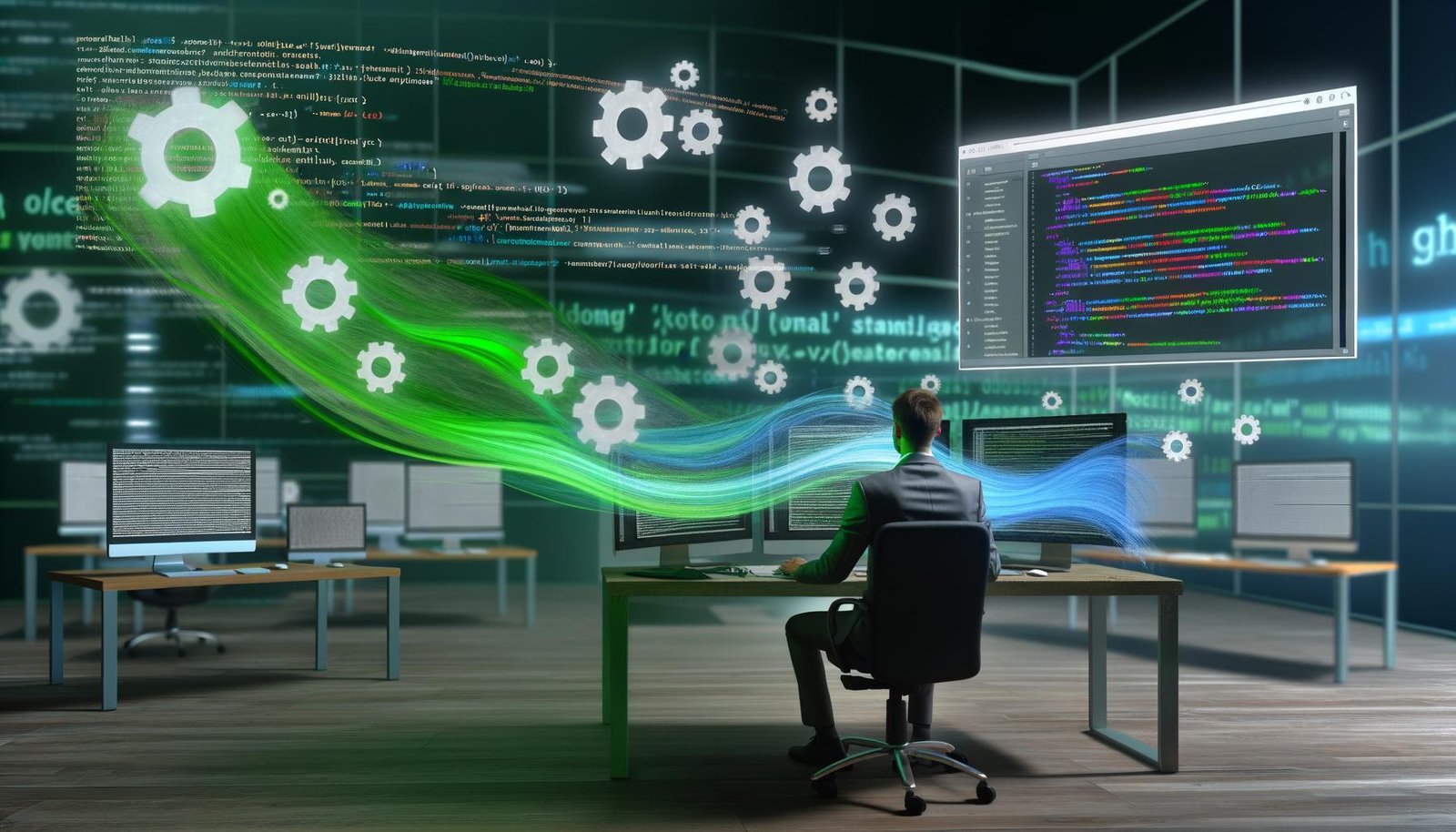 Konzentrierter Marketer an mehreren Monitoren mit Ghost CMS, Codezeilen, KI-generiertem Content, SEO-Statistiken und digitalen Automatisierungselementen in futuristischer Büro-Umgebung.