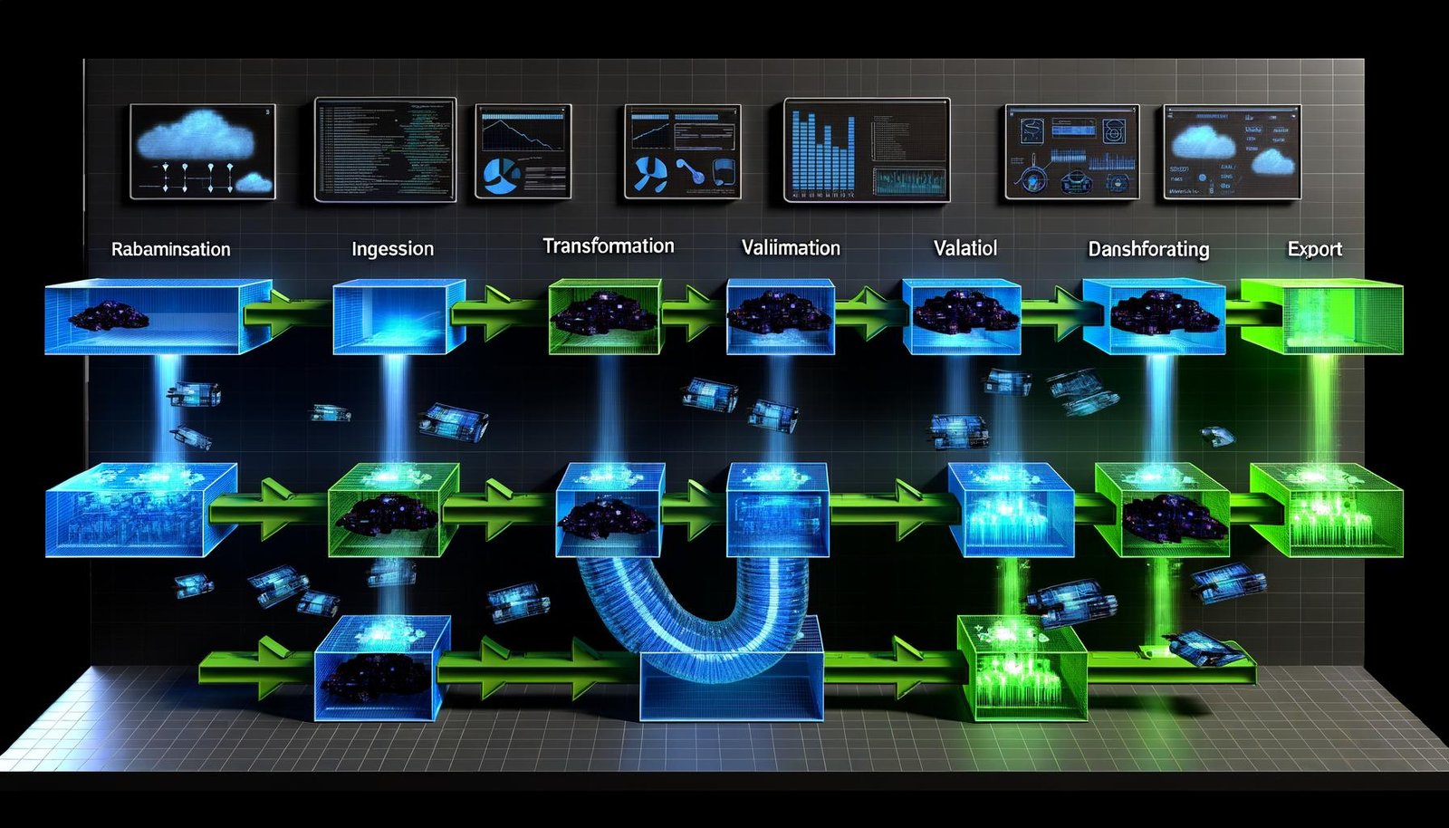 Futuristisches Datenzentrum mit leuchtenden, transparenten Dataframes auf einem dynamischen Fließband, das verschiedene Phasen einer Dataframes-Pipeline wie Ingestion, Transformation, Validierung, Monitoring und Export in klar abgetrennten Zonen zeigt.