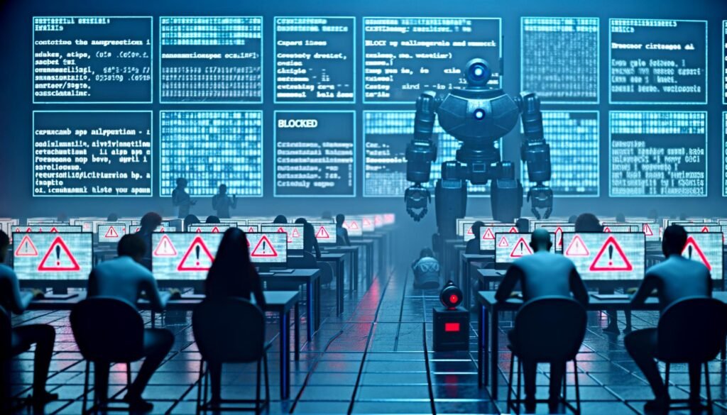 Futuristisches Großraumbüro 2025 mit bläulichem Licht, riesigen Bildschirmen voller Datenströme, anonymen Menschen vor Computern und Wächter-Roboter, der Uploads überwacht. Im Hintergrund digitale Medien mit Sperr-Icons und Warnsignalen.