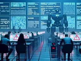 Futuristisches Großraumbüro 2025 mit bläulichem Licht, riesigen Bildschirmen voller Datenströme, anonymen Menschen vor Computern und Wächter-Roboter, der Uploads überwacht. Im Hintergrund digitale Medien mit Sperr-Icons und Warnsignalen.