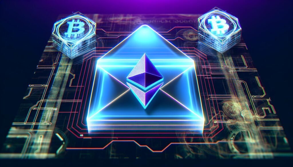 Futuristisches Titelbild mit leuchtender E-Mail-Envelope, NFT-Token-Logo, umgeben von Blockchain-Ketten und digitalen Mustern vor urbanem Hintergrund mit Ghost-Logo.