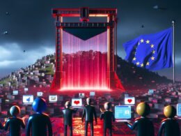 Cyberpunk-Szene mit riesigem, rot glühendem Algorithmus-Filter wie eine Guillotine, ängstlichen Internetnutzern mit Memes, Videos und Songs, umgeben von großen EU-Fahnen und stapelweise Bürokratieakten. Datenströme prüfen Inhalte live, symbolisch für die Debatte um Artikel 17.