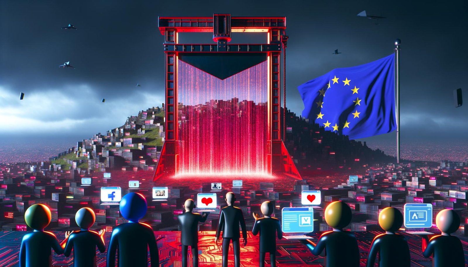 Cyberpunk-Szene mit riesigem, rot glühendem Algorithmus-Filter wie eine Guillotine, ängstlichen Internetnutzern mit Memes, Videos und Songs, umgeben von großen EU-Fahnen und stapelweise Bürokratieakten. Datenströme prüfen Inhalte live, symbolisch für die Debatte um Artikel 17.