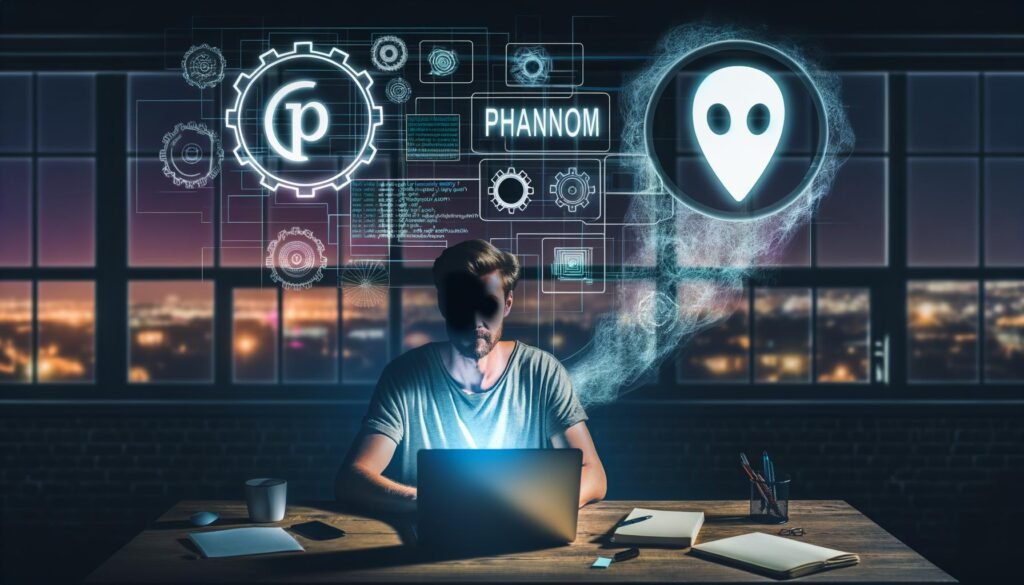 Moody Workspace mit Marketer am Schreibtisch, voll digitaler Tools, Notizblöcken und Laptop mit Ghost-Logo sowie API-Code. Leuchtende abstrakte Grafiken im Hintergrund, Stadt bei Nacht sichtbar – Symbol für Kreativität und technische Komplexität im Paid Token Content Marketing.