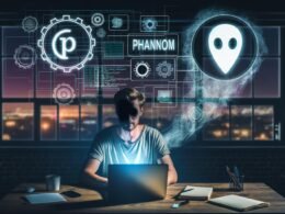 Moody Workspace mit Marketer am Schreibtisch, voll digitaler Tools, Notizblöcken und Laptop mit Ghost-Logo sowie API-Code. Leuchtende abstrakte Grafiken im Hintergrund, Stadt bei Nacht sichtbar – Symbol für Kreativität und technische Komplexität im Paid Token Content Marketing.