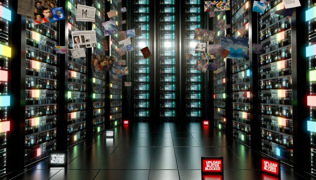 Düsteres Server-Labyrinth mit blinkenden Servern, schwebenden Filterwänden, diversen digitalen Inhalten, blockiertem Upload-Schild und im Schatten verborgenen Menschen.