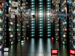 Düsteres Server-Labyrinth mit blinkenden Servern, schwebenden Filterwänden, diversen digitalen Inhalten, blockiertem Upload-Schild und im Schatten verborgenen Menschen.