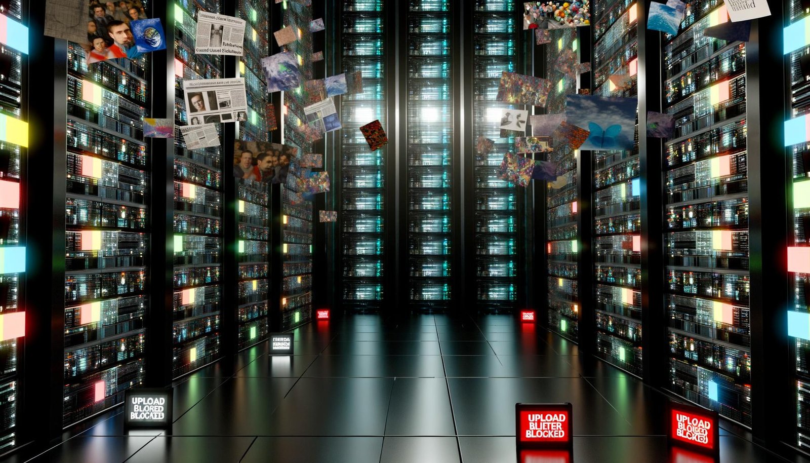 Düsteres Server-Labyrinth mit blinkenden Servern, schwebenden Filterwänden, diversen digitalen Inhalten, blockiertem Upload-Schild und im Schatten verborgenen Menschen.