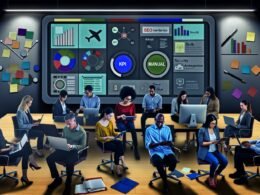 Content-Team nutzt ein modernes, modulares Dashboard für effizientes Datenmanagement, während alte Workflows wie Excel und manuelle Prozesse symbolisch beiseitegelegt werden.