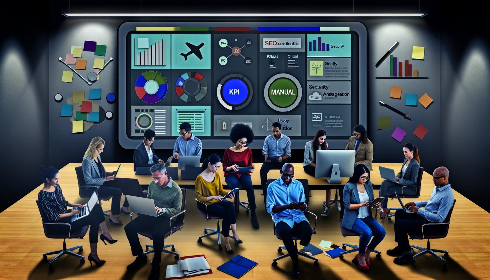 Content-Team nutzt ein modernes, modulares Dashboard für effizientes Datenmanagement, während alte Workflows wie Excel und manuelle Prozesse symbolisch beiseitegelegt werden.