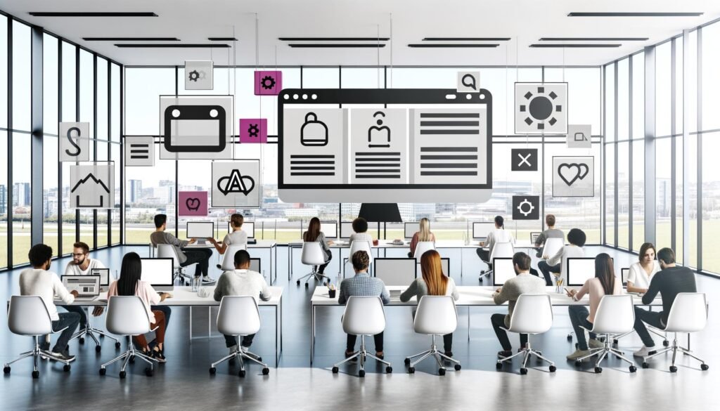Modernes Büro mit großem, leuchtenden Bildschirm, der einen modularen CMS Tools Editor zeigt; Redakteure arbeiten an Laptops und Tablets, digitale Tech-Icons schweben im lichtdurchfluteten Raum.