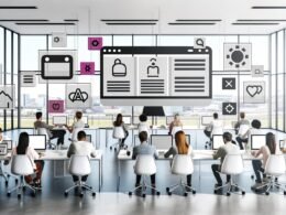 Modernes Büro mit großem, leuchtenden Bildschirm, der einen modularen CMS Tools Editor zeigt; Redakteure arbeiten an Laptops und Tablets, digitale Tech-Icons schweben im lichtdurchfluteten Raum.