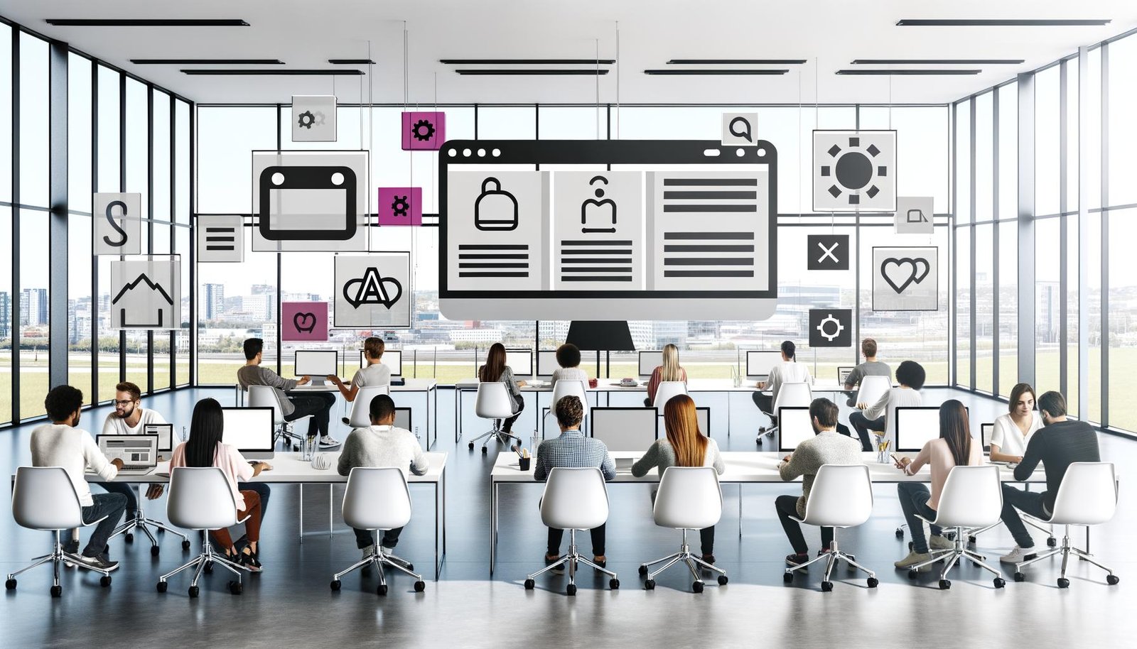 Modernes Büro mit großem, leuchtenden Bildschirm, der einen modularen CMS Tools Editor zeigt; Redakteure arbeiten an Laptops und Tablets, digitale Tech-Icons schweben im lichtdurchfluteten Raum.