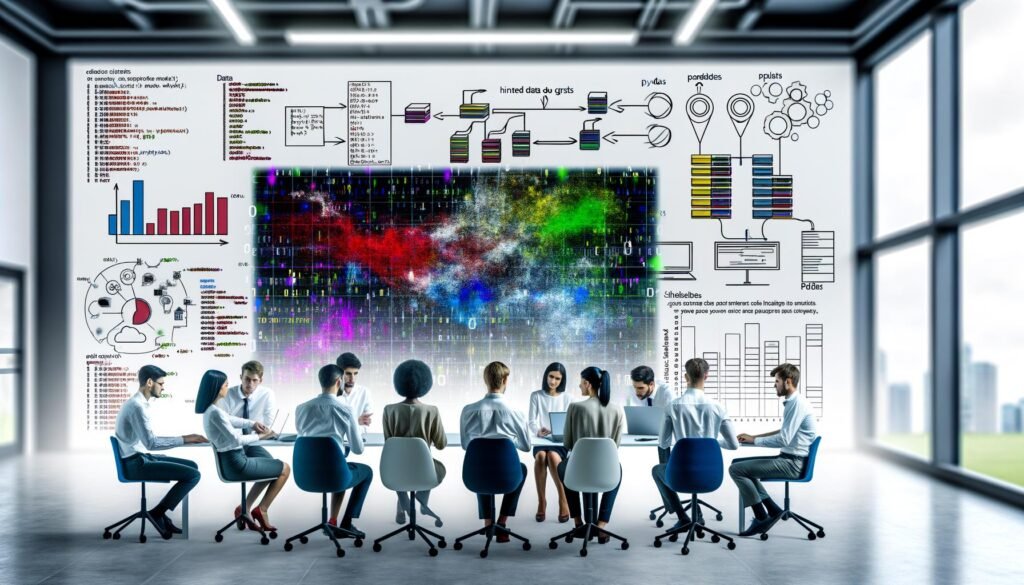 Data Science Team im modernen Büro analysiert Datenstrukturen und Code auf großem Bildschirm, umgeben von Whiteboards mit Datenfluss und Skizzen.