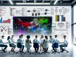 Data Science Team im modernen Büro analysiert Datenstrukturen und Code auf großem Bildschirm, umgeben von Whiteboards mit Datenfluss und Skizzen.