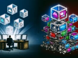 Entwickler am Schreibtisch vor Monitoren mit modularen, leuchtenden Schnittstellen und API-Symbolen, daneben ein zusammenbrechender Turm aus alten CMS-Elementen