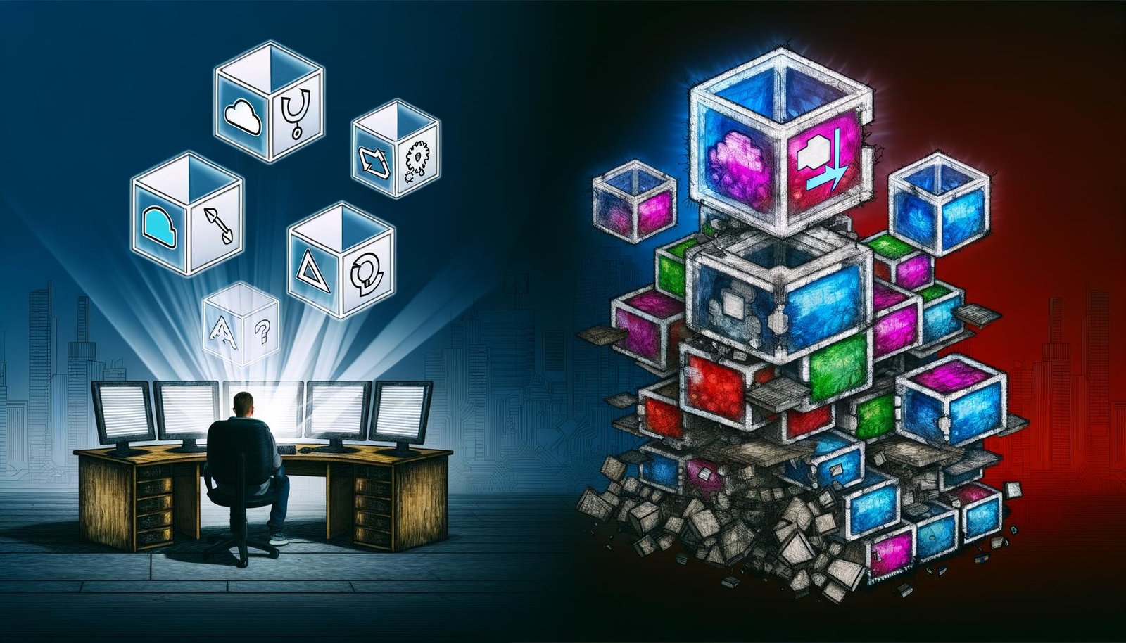 Entwickler am Schreibtisch vor Monitoren mit modularen, leuchtenden Schnittstellen und API-Symbolen, daneben ein zusammenbrechender Turm aus alten CMS-Elementen