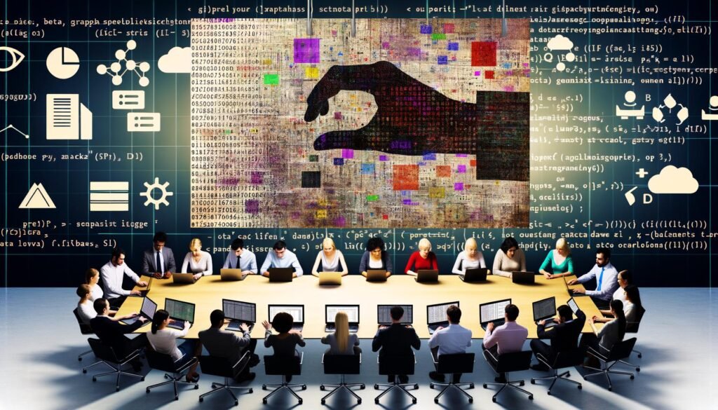 Montage aus vielen Händen, die eine große digitale DataFrame-Tabelle bearbeiten, mit Menschen an Laptops, Code- und Diagrammansichten sowie Pandas-, Spark- und SQL-Symbolen in einem modernen, dunkel gehaltenen Arbeitsplatz.