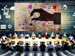 Montage aus vielen Händen, die eine große digitale DataFrame-Tabelle bearbeiten, mit Menschen an Laptops, Code- und Diagrammansichten sowie Pandas-, Spark- und SQL-Symbolen in einem modernen, dunkel gehaltenen Arbeitsplatz.