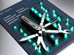 Abstraktes Schweizer Taschenmesser mit digitalen Symbolen für Content, Struktur, Integrationen und Präsentation vor futuristischem, geometrischem Grid mit leuchtenden Linien und modularen Blöcken. Farben: Dunkelgrau, Neonblau, Smaragdgrün.