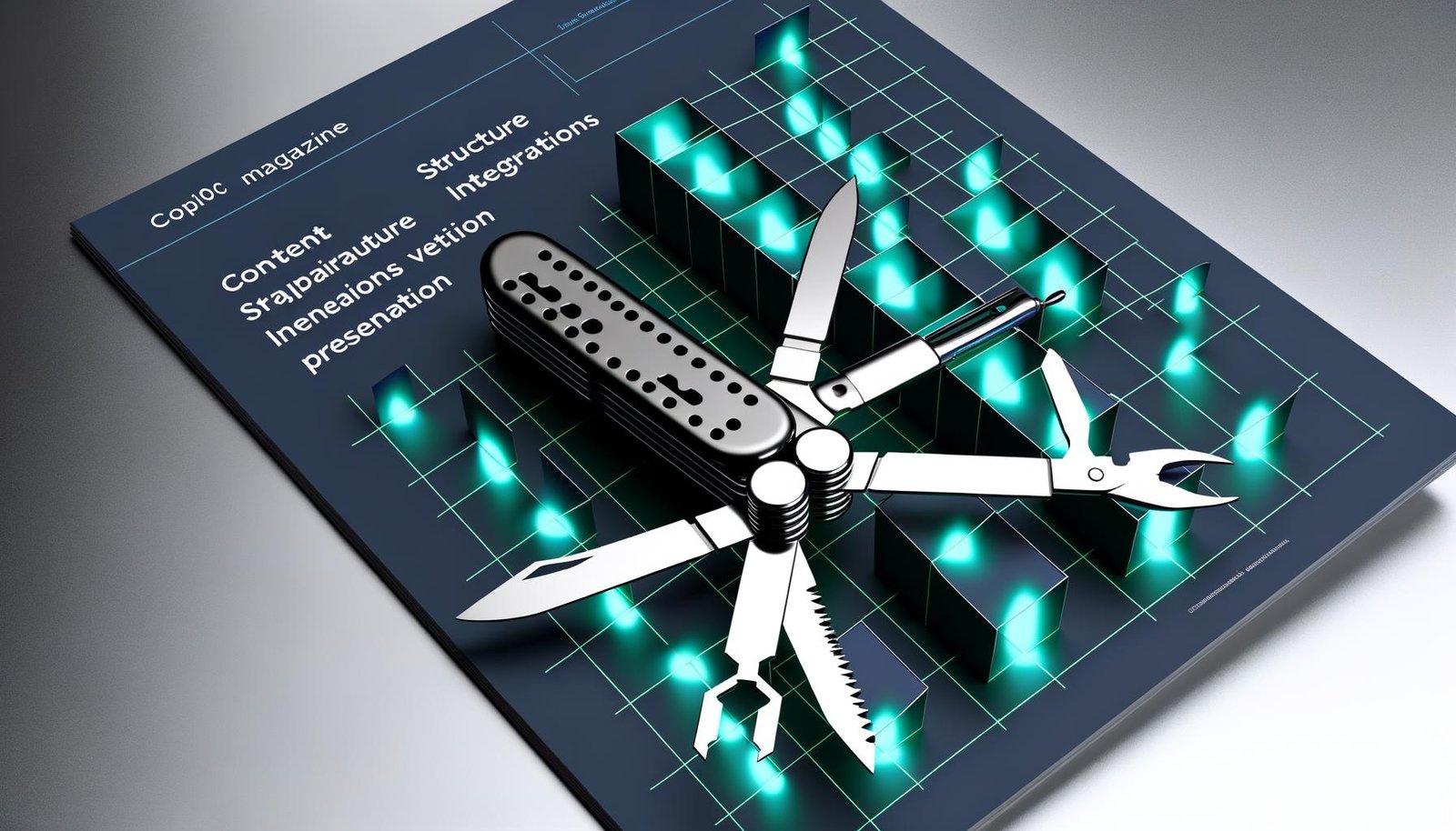 Abstraktes Schweizer Taschenmesser mit digitalen Symbolen für Content, Struktur, Integrationen und Präsentation vor futuristischem, geometrischem Grid mit leuchtenden Linien und modularen Blöcken. Farben: Dunkelgrau, Neonblau, Smaragdgrün.