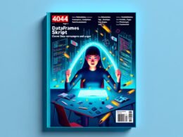 Magazincover mit einem Data Engineer zwischen Code-Snippets, Daten-Icons und Diagrammen sowie Symbolen für Pandas, R, PySpark und Dask auf digitalem Hintergrund.