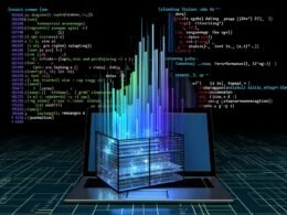 Futuristische, dunkelblaue Szene mit leuchtendem Dataframe, farbigen Spalten für verschiedene Datentypen, sichtbaren Code-Schnipseln von Pandas, Polars, Spark und einem modernen Laptop mit Performance-Diagrammen.