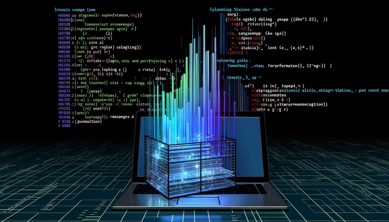 Futuristische, dunkelblaue Szene mit leuchtendem Dataframe, farbigen Spalten für verschiedene Datentypen, sichtbaren Code-Schnipseln von Pandas, Polars, Spark und einem modernen Laptop mit Performance-Diagrammen.