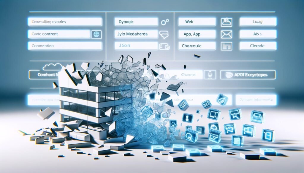 Visualisierung der Transformation traditioneller CMS zu moderner Headless-Architektur mit zerspringendem Baukasten-UI, leuchtenden Inhaltsmodulen, API-Leitungen und digitalen Metadaten im Hintergrund.