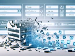 Visualisierung der Transformation traditioneller CMS zu moderner Headless-Architektur mit zerspringendem Baukasten-UI, leuchtenden Inhaltsmodulen, API-Leitungen und digitalen Metadaten im Hintergrund.