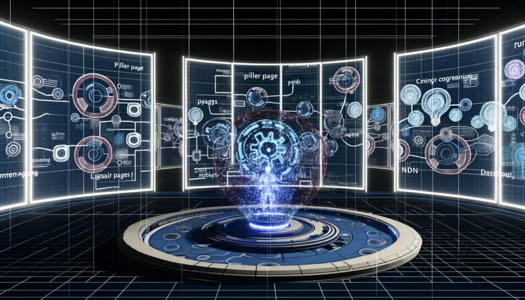 Moderner Arbeitsplatz mit großen LED-Bildschirmen, die Wissensgraphen, semantische Netzwerke, Cluster und eine digitale Hand, die Datenpunkte verbindet, zeigen