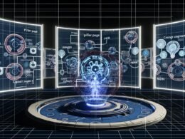 Moderner Arbeitsplatz mit großen LED-Bildschirmen, die Wissensgraphen, semantische Netzwerke, Cluster und eine digitale Hand, die Datenpunkte verbindet, zeigen