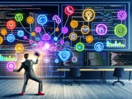 Person im modernen Datenanalyse-Maschinenraum jongliert bunte Dataframe-Icons, im Hintergrund große Bildschirme mit Datentabellen, Code und Diagrammen