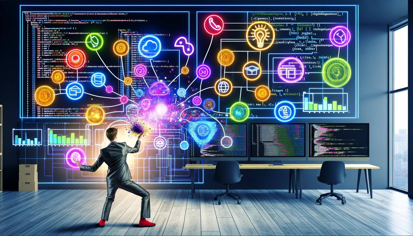 Person im modernen Datenanalyse-Maschinenraum jongliert bunte Dataframe-Icons, im Hintergrund große Bildschirme mit Datentabellen, Code und Diagrammen