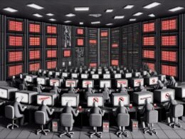 Düsterer Serverraum mit roten Fehlermeldungen, gesichtslosen Bürokraten und Spatzen mit Schildern für Meinungsfreiheit, symbolhaft für Internetzensur nach EU Artikel 17.