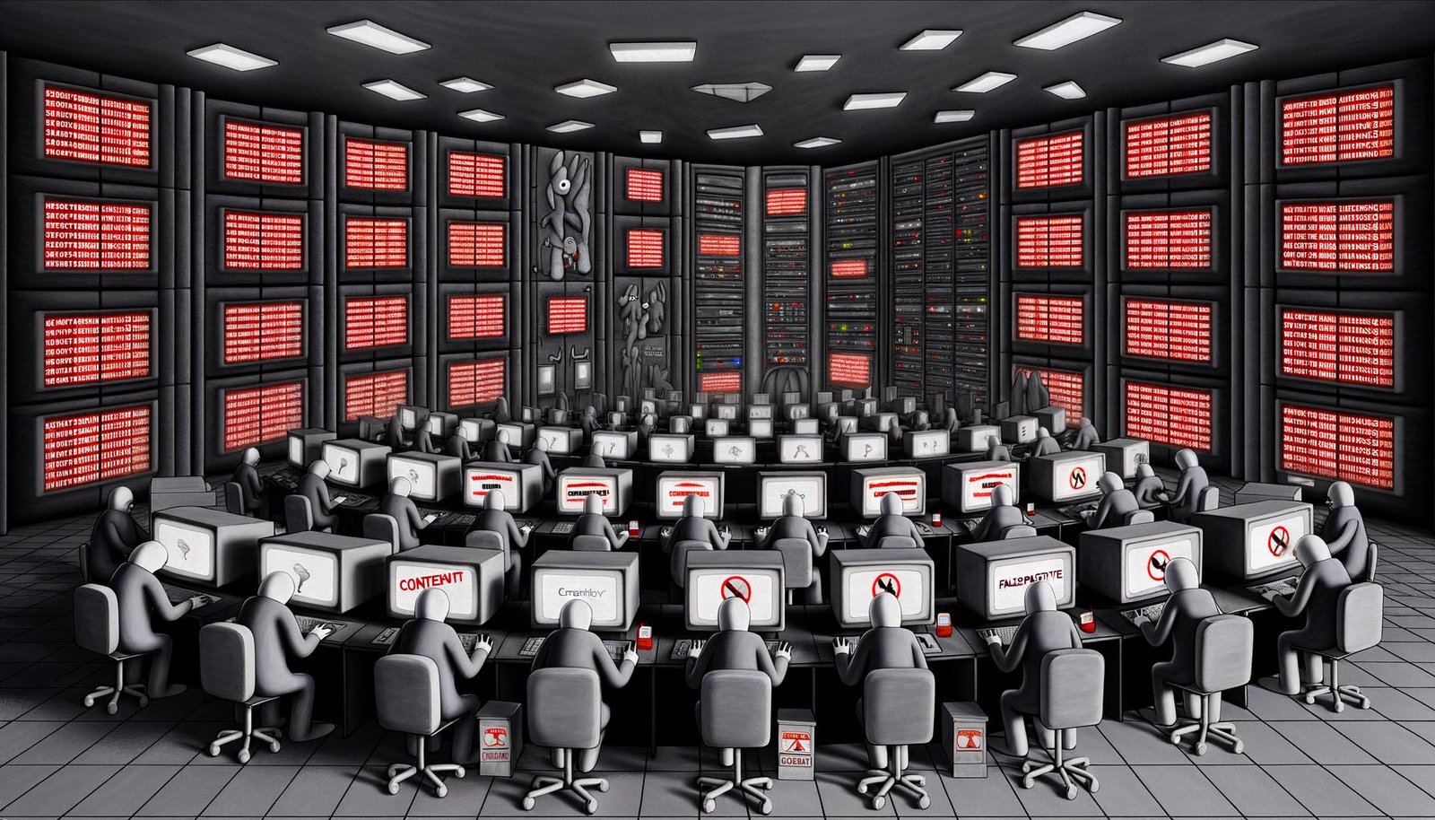 Düsterer Serverraum mit roten Fehlermeldungen, gesichtslosen Bürokraten und Spatzen mit Schildern für Meinungsfreiheit, symbolhaft für Internetzensur nach EU Artikel 17.