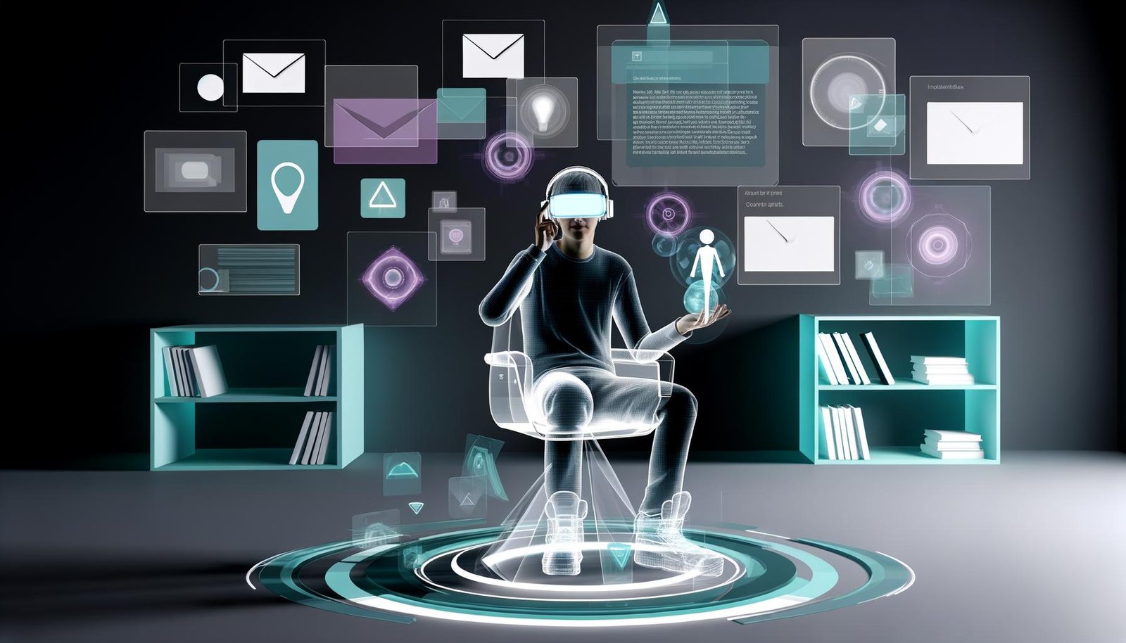 Person mit VR-Headset in einem futuristischen, abgedunkelten Raum voller schwebender holografischer Elemente, digital abstrahierter Bücherregale und nahtloser Verbindung von realer und virtueller Umgebung.