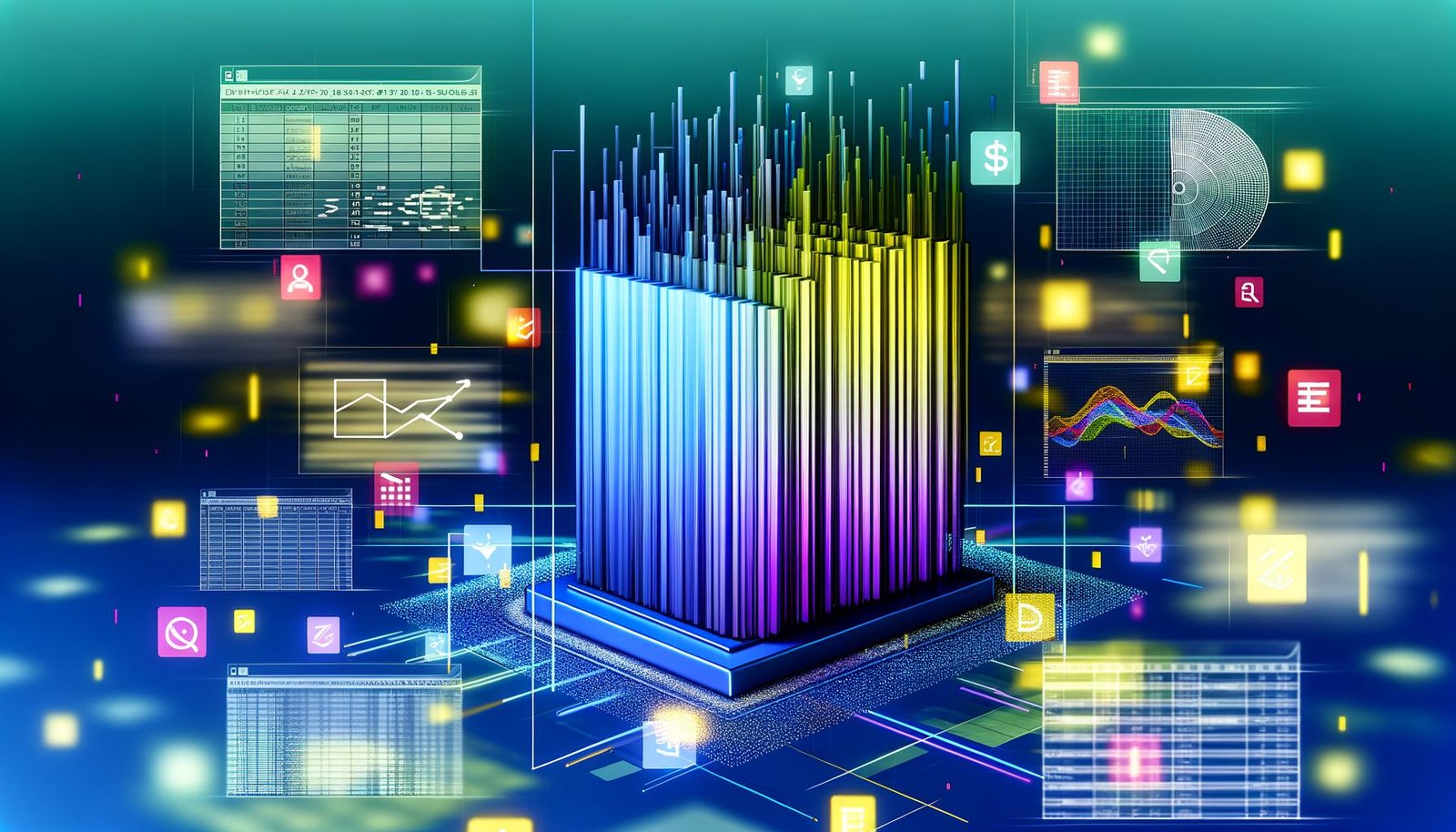 Modernes, kraftvolles Titelbild: Ein leuchtender, dreidimensionaler Dataframe schwebt im Vordergrund und wird von bunten Datenströmen und digitalen Icons wie CSV, SQL, JSON und API umrahmt. Im Hintergrund verschwimmen klassische Excel-Tabellen und Diagramme.