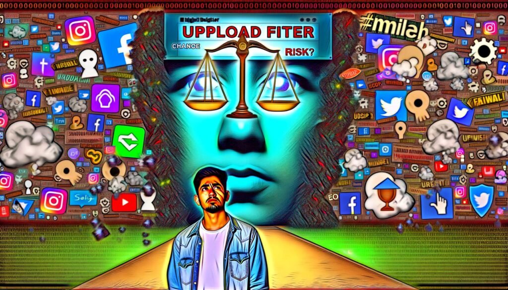 Comic-artige Illustration: Ein verärgerter Entwickler steht vor einer riesigen Firewall, bedeckt mit Symbolen wie Hashtags, Algorithmen, Chips und Justitia-Waage. Hinter ihm brodeln Meme-Figuren, Social-Media- und Marketing-Icons. Im Hintergrund leuchtet ‚Uploadfilter: Chance oder Risiko?‘.