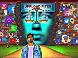 Comic-artige Illustration: Ein verärgerter Entwickler steht vor einer riesigen Firewall, bedeckt mit Symbolen wie Hashtags, Algorithmen, Chips und Justitia-Waage. Hinter ihm brodeln Meme-Figuren, Social-Media- und Marketing-Icons. Im Hintergrund leuchtet ‚Uploadfilter: Chance oder Risiko?‘.