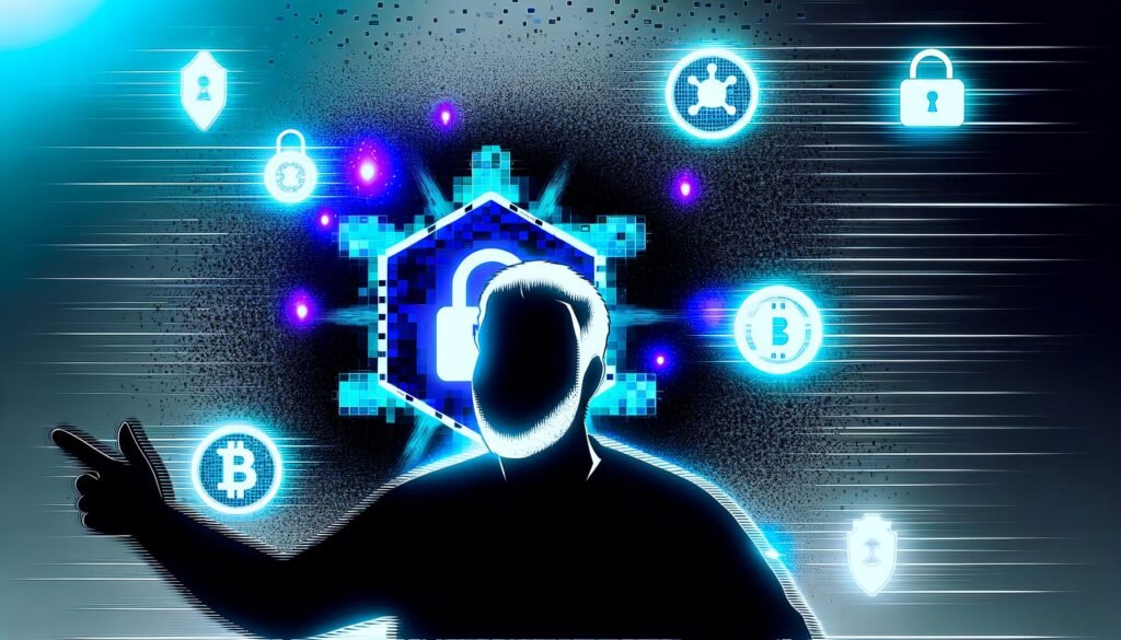 Minimalistische Grafik eines Publishers vor leuchtendem Bildschirm mit schwebenden Krypto-Wallet-Logos, transparenten Smart Contracts und zerfallenden traditionellen Icons in neonblau-schwarzer Farbpalette.