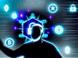 Minimalistische Grafik eines Publishers vor leuchtendem Bildschirm mit schwebenden Krypto-Wallet-Logos, transparenten Smart Contracts und zerfallenden traditionellen Icons in neonblau-schwarzer Farbpalette.