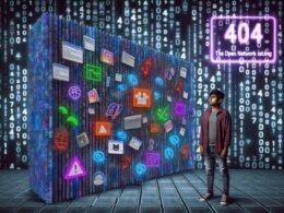 Futuristisches Editorial-Bild eines jungen Entwicklers vor einer digitalen Uploadfilter-Mauer mit blockierten kreativen Inhalten und uniformem Content dahinter.