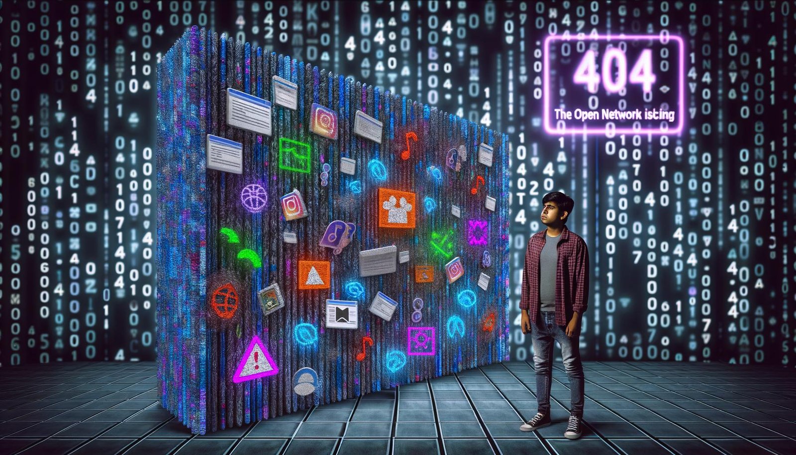 Futuristisches Editorial-Bild eines jungen Entwicklers vor einer digitalen Uploadfilter-Mauer mit blockierten kreativen Inhalten und uniformem Content dahinter.