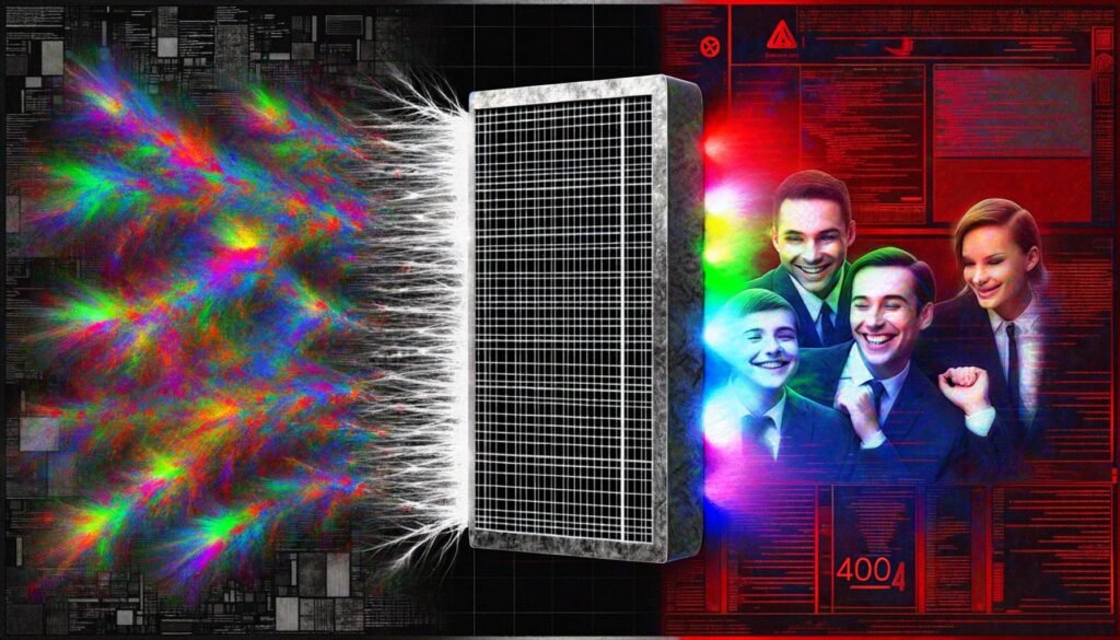 Digitaler Metall-Filter trennt farbige Meme-Datenströme von einer leeren, monochromen Welt, mit lächelndem Politiker und Lobbyist im dunklen Bereich, umgeben von Codezeilen und EU-Flaggen.