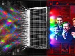 Digitaler Metall-Filter trennt farbige Meme-Datenströme von einer leeren, monochromen Welt, mit lächelndem Politiker und Lobbyist im dunklen Bereich, umgeben von Codezeilen und EU-Flaggen.