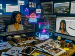 Person arbeitet an einem futuristischen Arbeitsplatz mit Monitoren, die Code, 3D-Modelle und AR-Overlays anzeigen, umgeben von Skizzen, Notizen und technischen Geräten. Im Hintergrund schwebende AR-Elemente und GitHub Browserfenster.