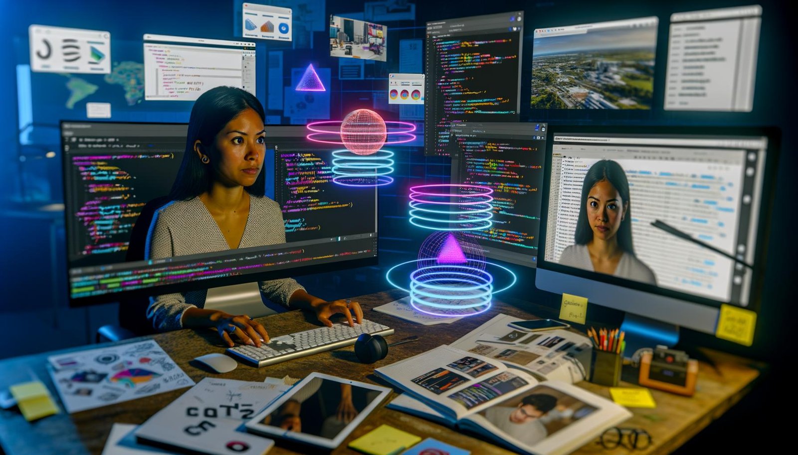 Person arbeitet an einem futuristischen Arbeitsplatz mit Monitoren, die Code, 3D-Modelle und AR-Overlays anzeigen, umgeben von Skizzen, Notizen und technischen Geräten. Im Hintergrund schwebende AR-Elemente und GitHub Browserfenster.