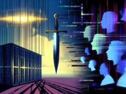 Dramatisches Bild eines stilisierten Datenzentrums mit Lichtstrahlen, digitalem Schwert und halb beleuchteten Silhouetten von Kreativen vor glitch-artigen Störungen und Matrix-Code-Elementen.