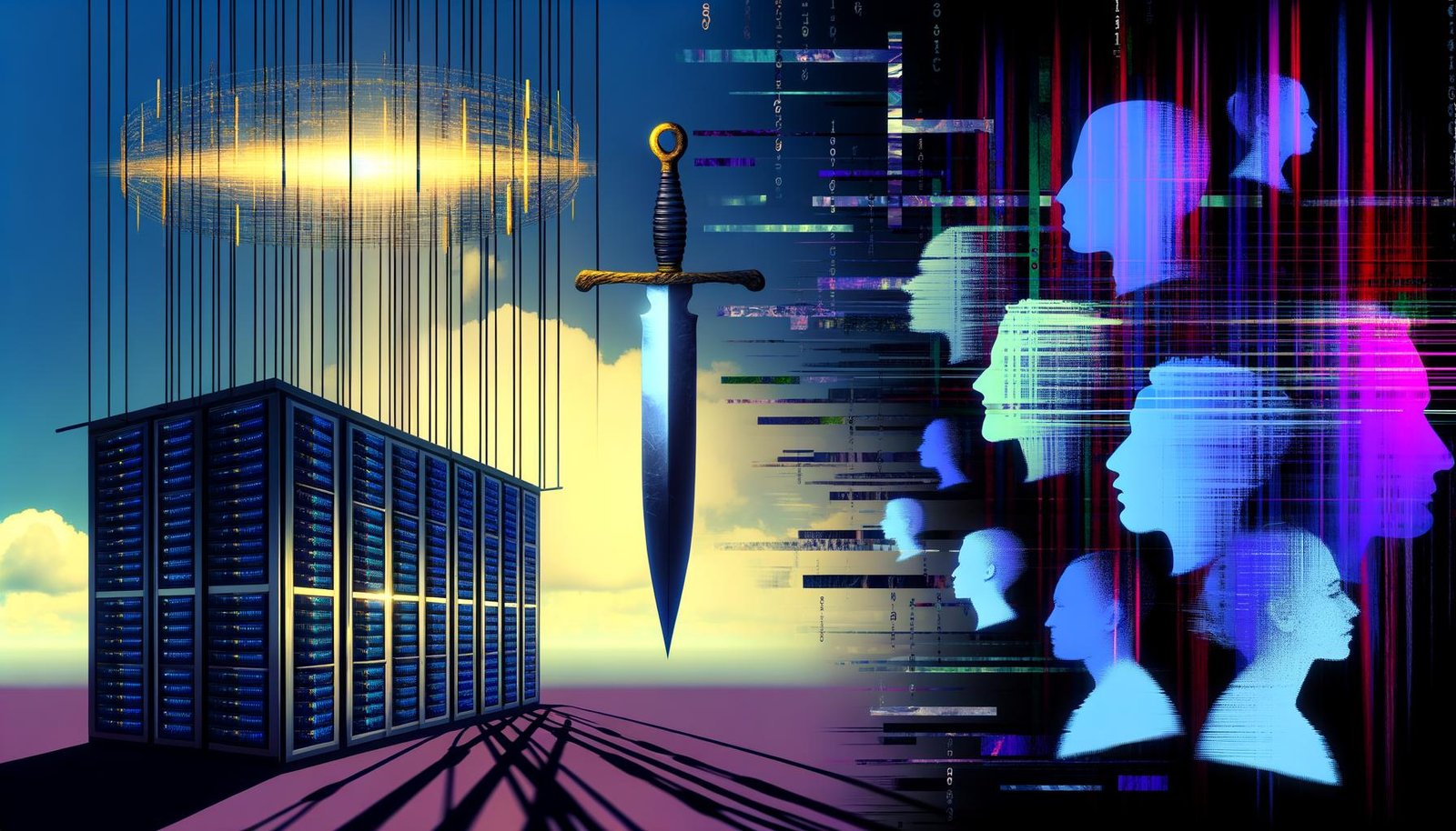 Dramatisches Bild eines stilisierten Datenzentrums mit Lichtstrahlen, digitalem Schwert und halb beleuchteten Silhouetten von Kreativen vor glitch-artigen Störungen und Matrix-Code-Elementen.